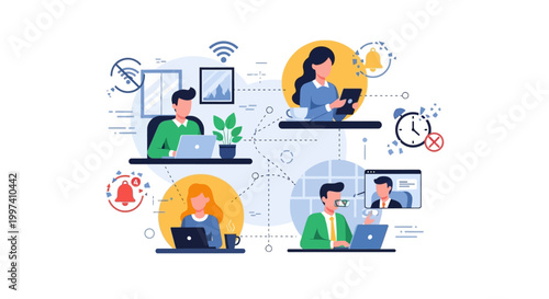 Remote Work Challenges & Productivity: Online Collaboration, Virtual Meetings & WFH Solutions Illustration