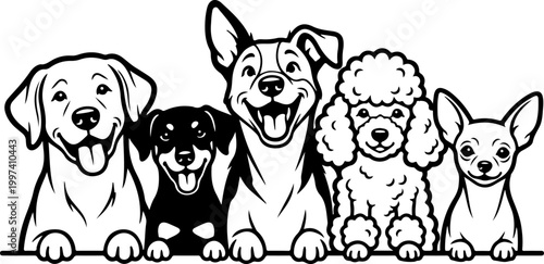 Happy Group of Different Dog Breeds Peeking Vector Illustration