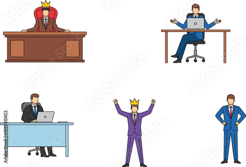 Set of Professional Businessmen Icons Representing Corporate Leadership Ambition Ego Success and Managerial Power Concepts for Workplace Career Growth Illustrations