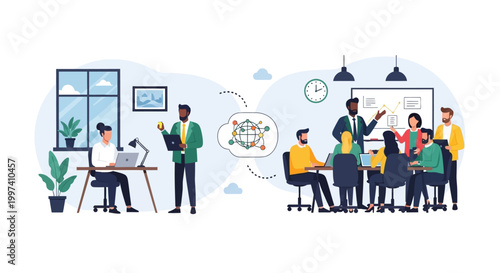 Business Team Collaboration, Remote Work & Connectivity: Modern Office Meeting and Individual Productivity Concept