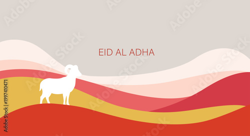 Minimalist Eid al Adha Background with Goat Silhouette and desert Waves.