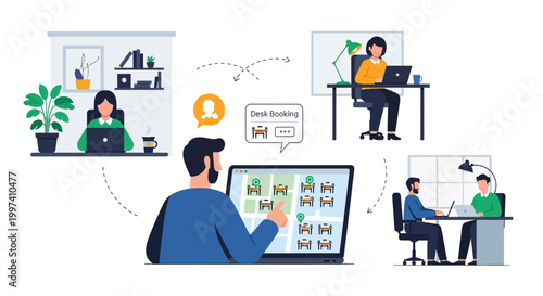 Hybrid Office Desk Booking System for Flexible Workspace Management Illustration