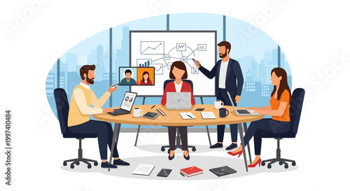 Hybrid Business Meeting Illustration: Professional Team Collaborating in Office with Video Conference, Data Presentation & Strategic Discussion