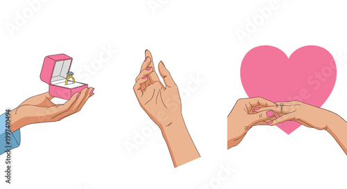 Set of Realistic Human Hands Gesturing a Marriage Proposal Including Holding a Ring Box and Putting an Engagement Ring on Finger