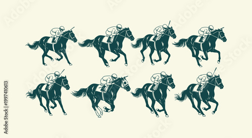 Vintage Horse Racing Illustrations Set with Jockeys in Action Gallop Pose Vector Graphic Silhouette
