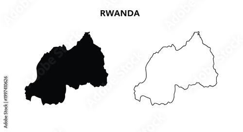 A graphic depiction showcases rwanda s silhouette in both filled black and white outline forms high quality professional
