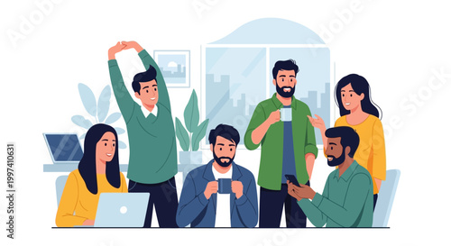 Diverse Team Collaboration in Modern Office. Happy Professionals Working, Interacting, and Taking Breaks. Productive Workplace Culture Illustration.