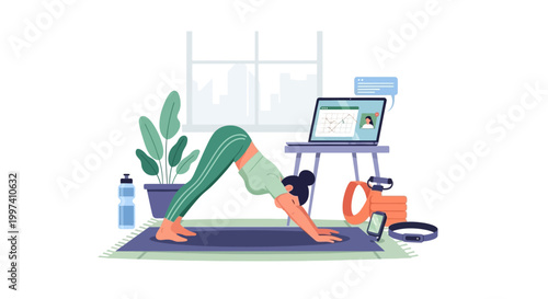 Woman Practicing Online Yoga at Home with Virtual Fitness Trainer and Health Tech