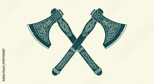 Crossed Viking Axes with Intricate Celtic Knotwork Patterns, Norse Warrior Weapon Vector Illustration