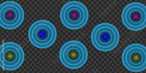 Sound wave. Signal concentric circle. Round light effect. Wifi range. Radio station signal. Water ripple with circle waves. A place or a painful point. Radar screen. Vector effect.