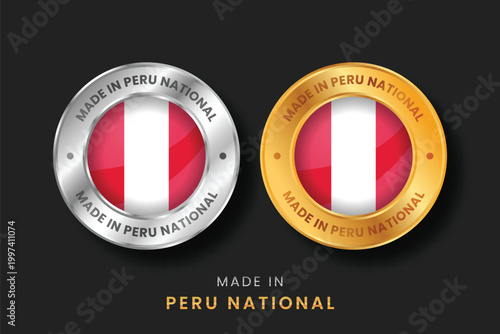 Circular gold and silver labels with the Peru national flag. High-quality Made in Peru emblems for local product branding, export certification, and manufacturing origin verification.