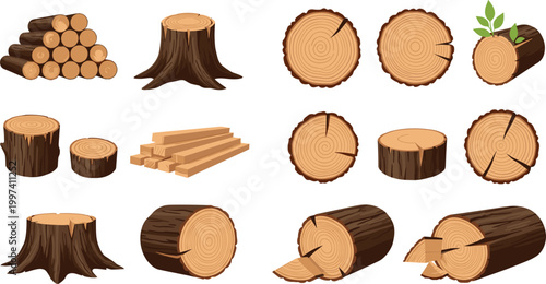 Wood Logs, Stumps, and Sliced Tree Trunks Set for Forest, Lumber, and Rustic Design Projects