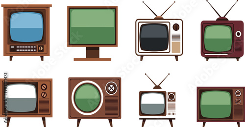 Vintage television sets collection with retro TV designs old broadcast screens classic media technology icons vector illustration set