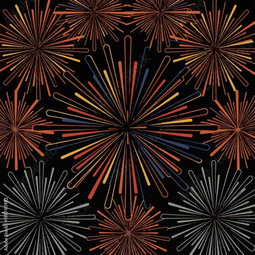 Colorful vibrant firework pattern illustration featuring multiple starburst shapes arranged in a repeating style on a dark black background