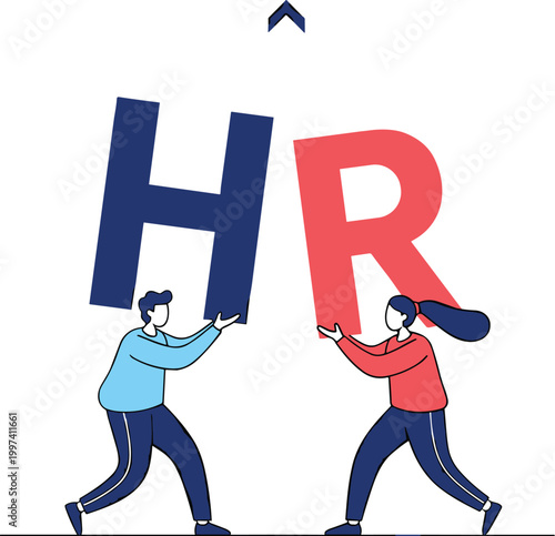 Human resources concept with people carrying HR letters teamwork recruitment management employment collaboration business vector illustration