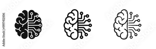 Artificial intelligence brain icon set representing machine learning and digital mind