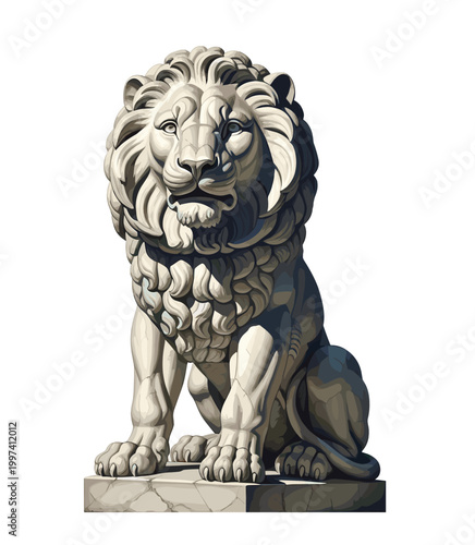 Lion statue on pedestal with detailed mane and fur texture