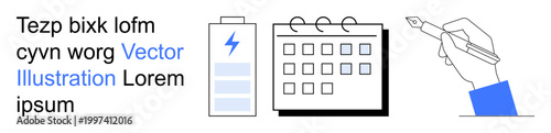 Scheduling, productivity, energy management, organization, task planning, workflow improvement. Battery icon, calendar and hand writing. Productivity and energy management concepts