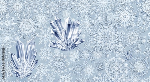 A pattern of crystal-like shapes and snowflakes on a light blue background, with a subtle gradient effect.