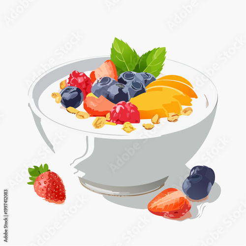 Joghurt-Bowl mit Früchten, Honig und Granola modern angerichtet