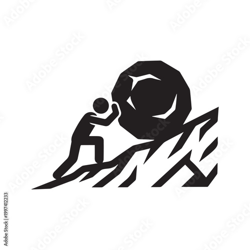 Silhouette icon of a stick figure man pushing a heavy boulder up a hill Sisyphus concept
