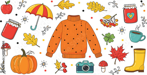 Autumn elements collection with sweater pumpkin leaves umbrella boots and cozy fall objects seasonal lifestyle vector illustration set