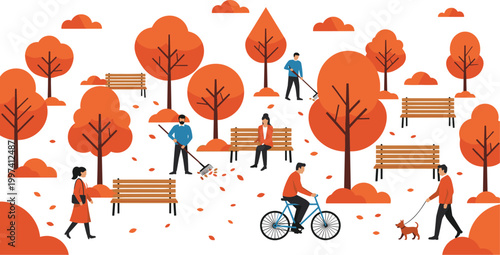 Autumn park scene with people walking cycling and relaxing among orange trees benches and falling leaves vector illustration