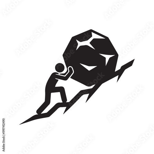 Silhouette icon of a stick figure man pushing a heavy boulder up a hill Sisyphus concept
