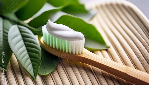 a bamboo toothbrush holds a dollop of white organic toothpaste beside a soft green leaf
