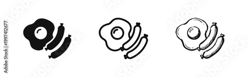 Breakfast food icons featuring fried egg and sausages for morning meal concept