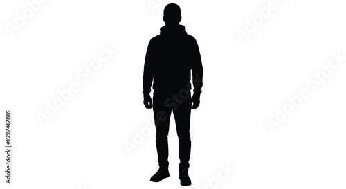 silhouette of person wearing hoodie and pants on white background