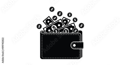 wallet overflowing with money black and white vector illustration
