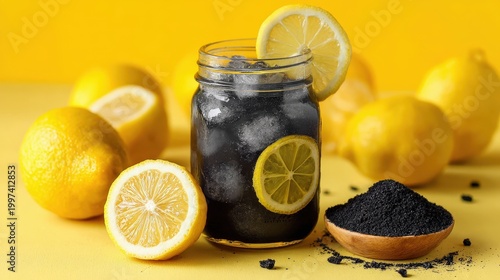 Refreshing charcoal lemonade is served in a glass jar garnished with a lemon slice on a yellow background.