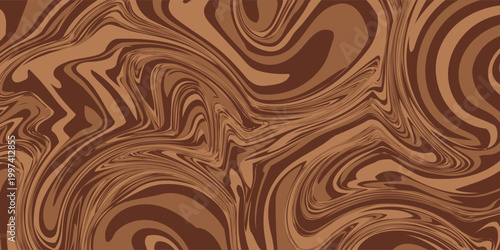 Abstract brown psychedelic waves print background. 1970s trippy seamless pattern. Marble acrylic swirl pattern. Coffee or chocolate liquid texture.