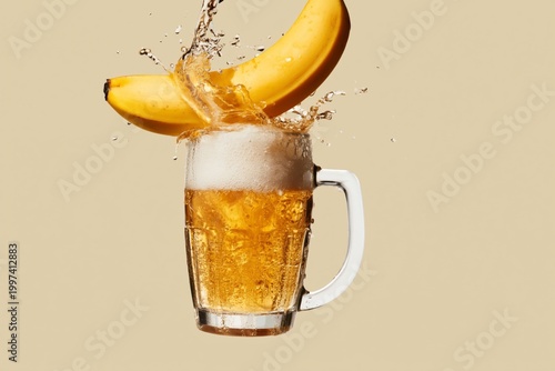 Bananas Splashing Into a Glass of Beer on a Light Background During a Bright Day