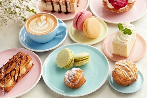 Dessert Spread With Pastries, Macarons, and Coffee on a Table at a Cafe