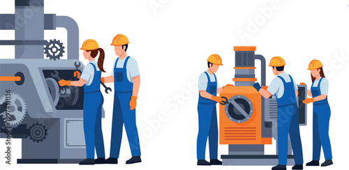 Industrial Workers Performing Maintenance on Machinery for Factory, Engineering, and Manufacturing Design Projects