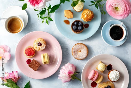 Delicious Desserts and Coffee Served on a Table With Flowers in a Caf Setting