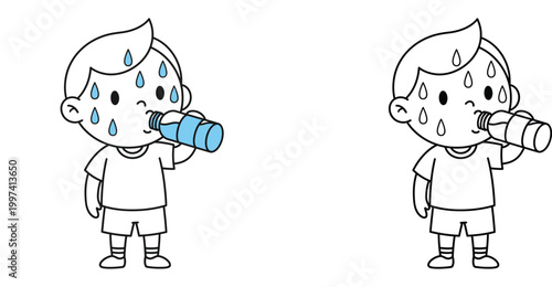 Thirsty Little Boy Drinking Water from Bottle After Exercise, Sweaty Kid Hydrating Illustration and Coloring Book Page Vector, Healthy Lifestyle for Children Graphic