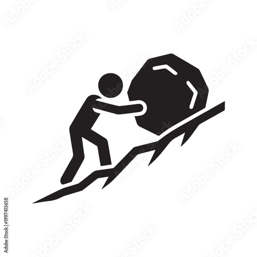 Silhouette icon of a stick figure man pushing a heavy boulder up a hill Sisyphus concept
