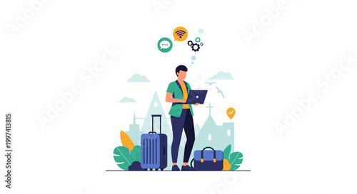 Digital Nomad Working Remotely While Traveling, Connected Globally with Laptop and Luggage - Modern Freelancer Lifestyle and Global Connectivity Concept
