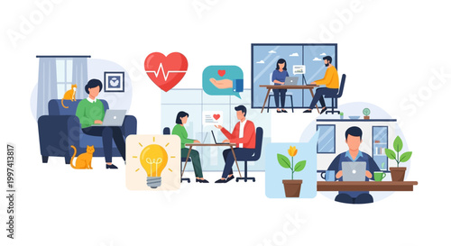 Flexible Work Concepts: Remote, Hybrid, Office, Collaboration, Innovation, Well-being, and Productivity