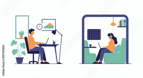 Hybrid Work Environments: Man Working Remotely at Home Office Desk and Woman Focused in Modern Private Work Pod