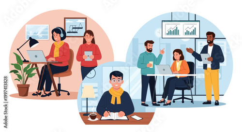 Modern Work Flexibility: Remote, Hybrid Office Collaboration & Individual Productivity Scenes