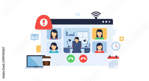 Remote Video Conference with Alert Notification and Online Team Collaboration Illustration