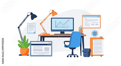 Modern Home Office Workspace Illustration with Business Growth Chart, Productivity Tools, and Digital Work Environment