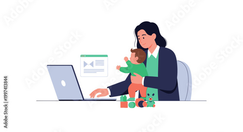 Professional Working Mother with Baby and Laptop: Balancing Remote Work and Parenthood from Home