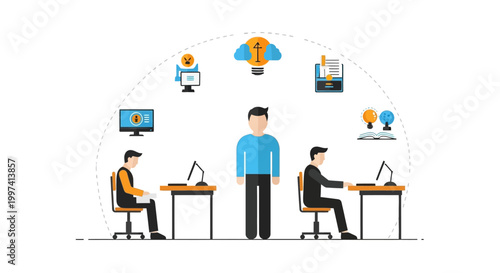 Team Workflow and Business Processes Cycle Flat Design. Leadership, Idea Generation, Problem Solving, Data Analysis, and Learning