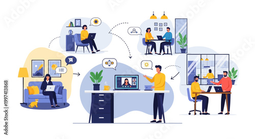 Flexible Work Model: Remote, Hybrid, and In-Office Collaboration with Virtual Meetings and Team Communication