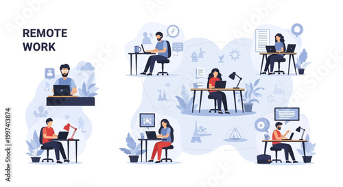 Remote Work Concept: Global Team Working from Home, Online Collaboration & Flexible Distributed Workforce Illustration